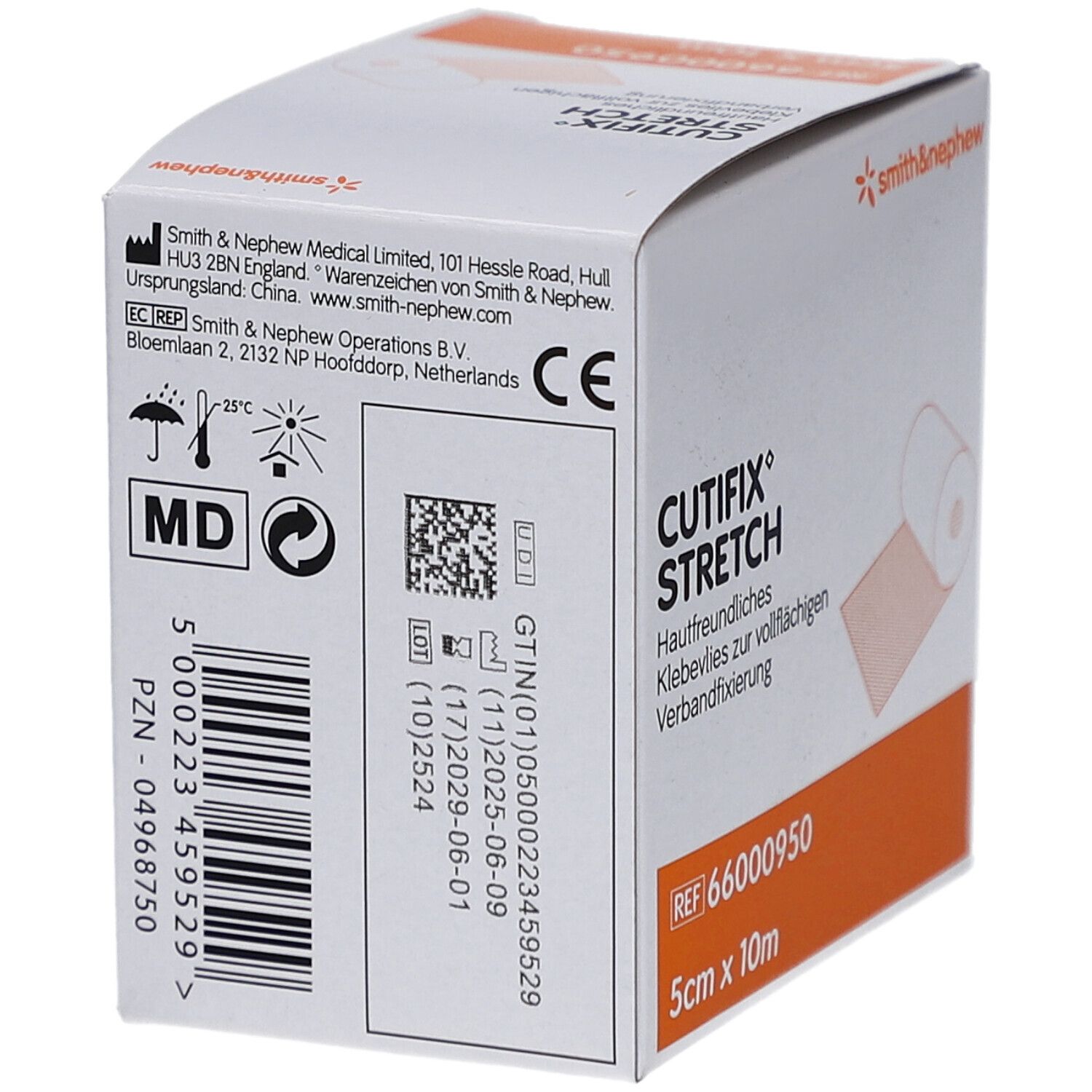 Verpackung von Cutifix Stretch Klebevlies. Marke Smith & Nephew. 5 cm x 10 m. Mit CE-Kennzeichnung.