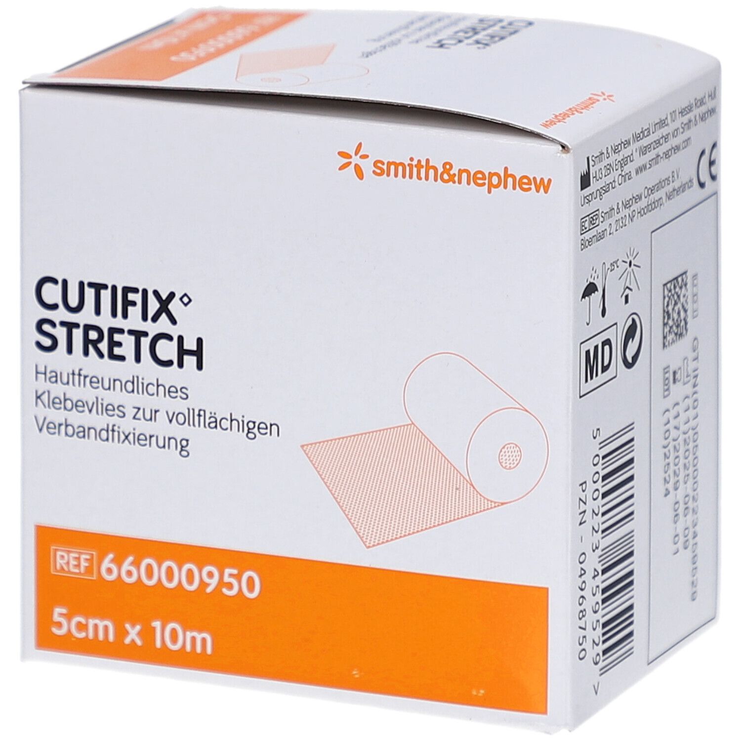 Verpackung von Cutifix Stretch Klebevlies. Marke Smith & Nephew. 5 cm x 10 m. Mit CE-Kennzeichnung.