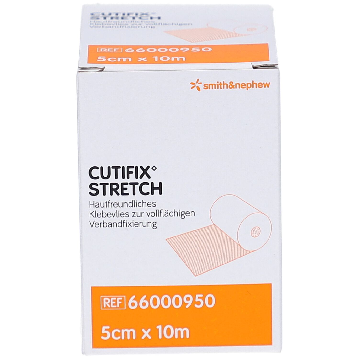Verpackung von Cutifix Stretch Klebevlies. Marke Smith & Nephew. 5 cm x 10 m. Orangefarbene Akzente.
