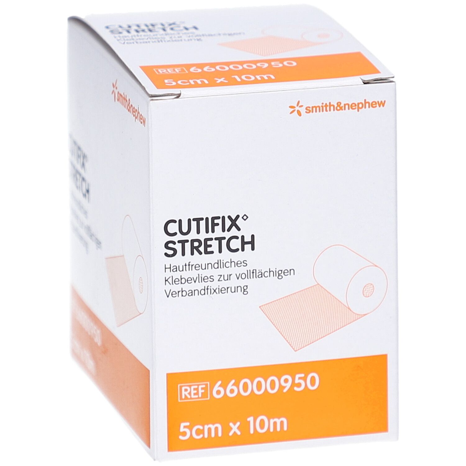 Verpackung von Cutifix Stretch Klebevlies. Marke Smith & Nephew. 5 cm x 10 m. Orangefarbene Akzente.