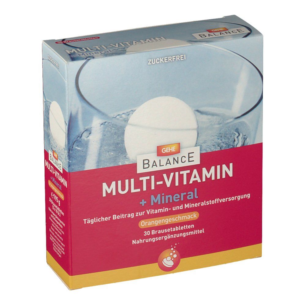 Verpackung von GEHE Balance Multi-Vitamin + Mineral. Rote und blaue Box mit Produktnamen und "Orangengeschmack". 30 Brausetabletten.