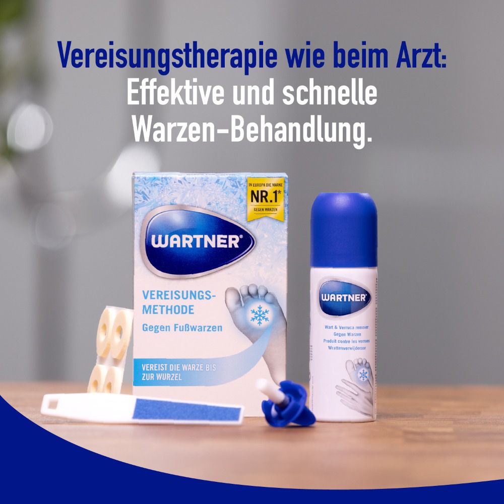 Wartner-Produkt, Zubehör und Verpackung. Vereisungstherapie wie beim Arzt. Schnelle Warzen-Behandlung.