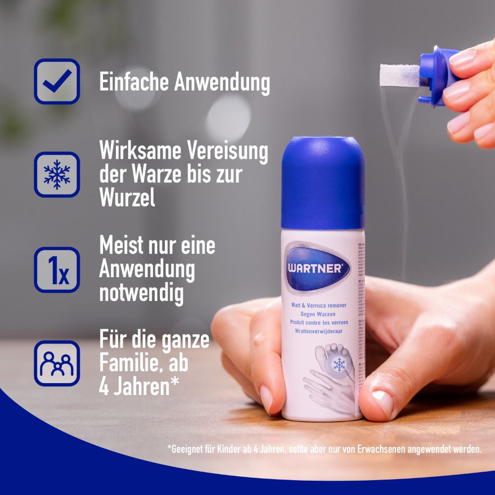 Wartner-Produkt. Einfache Anwendung. Wirksame Vereisung. Für die ganze Familie. Ab 4 Jahren.