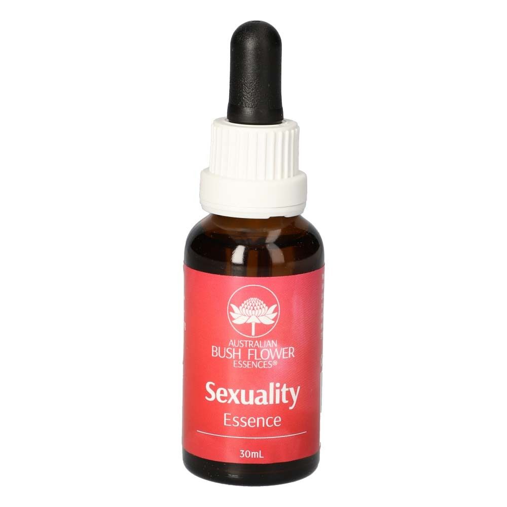 Braune Glasflasche mit Tropfer. Rotes Etikett mit weißer Schrift: Australian Bush Flower Essences® Sexuality Essence. 30ml.