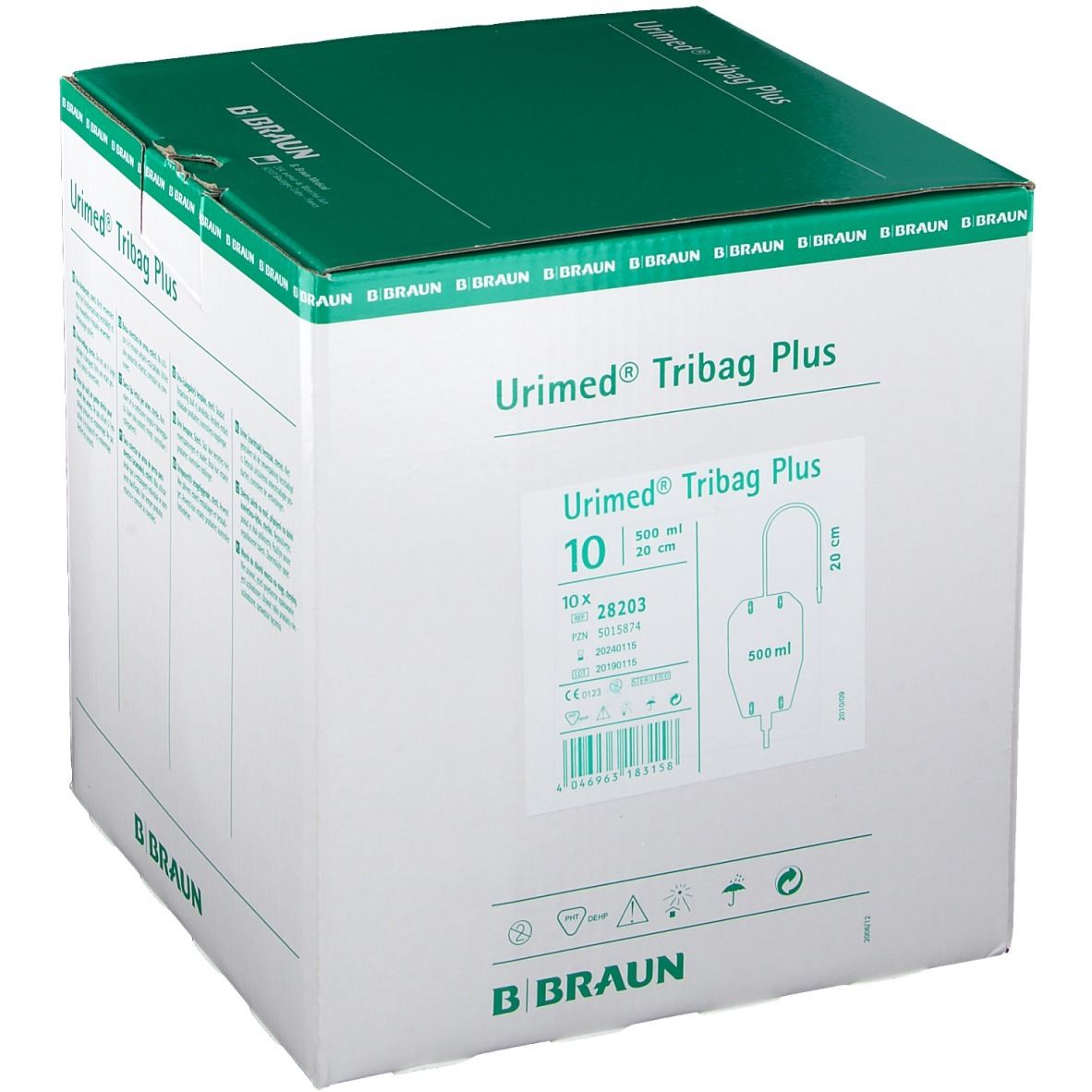 Karton mit Produkt URIMED Tribag Plus. Aufdrucke: Produktname, 10 Stück, 500 ml, 20 cm, B. Braun Logo.