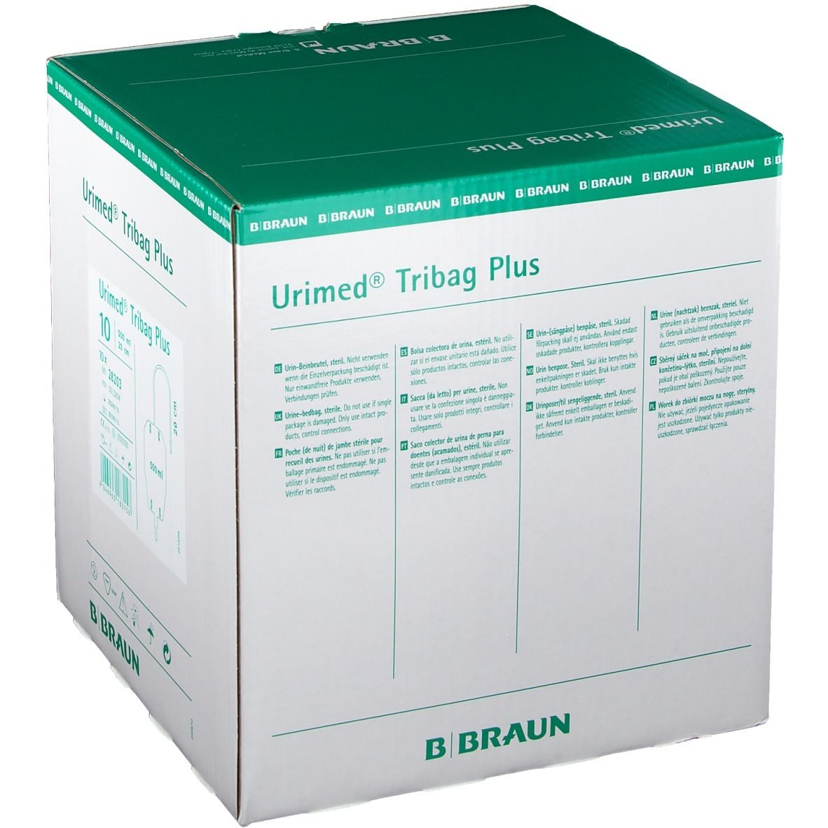 Karton URIMED Tribag Plus. Aufdrucke: Produktname, B. Braun Logo, Gebrauchsanweisungen in mehreren Sprachen.