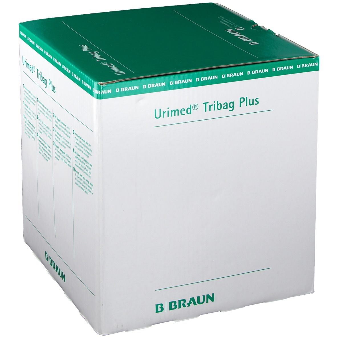 Karton URIMED Tribag Plus. Aufdrucke: Produktname, B. Braun Logo. Ansicht von der Seite.