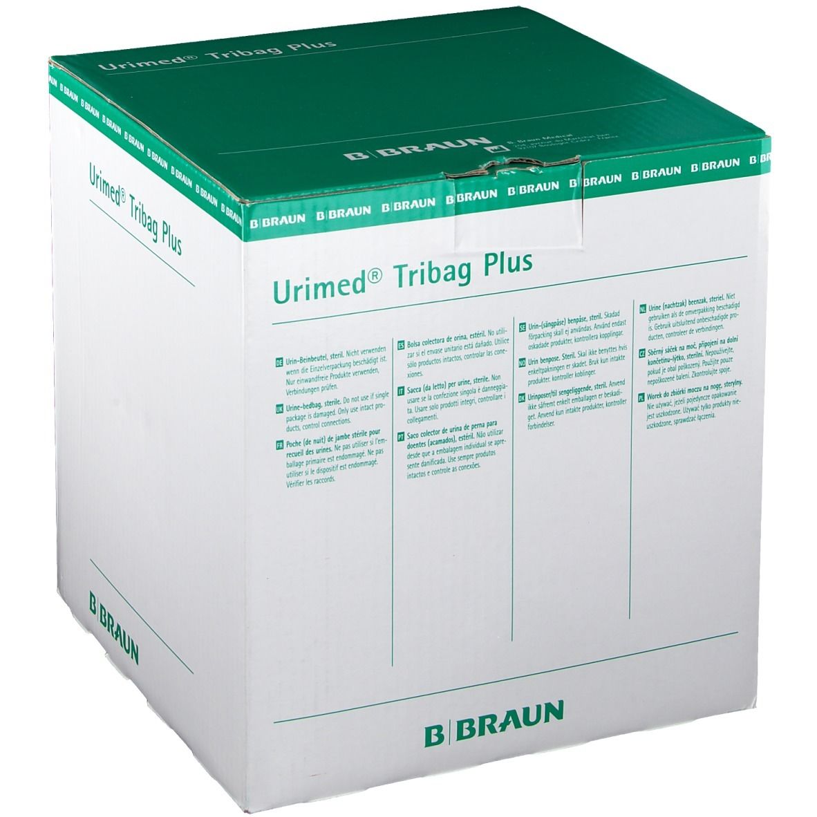 Karton URIMED Tribag Plus. Aufdrucke: Produktname, B. Braun Logo. Ansicht von der Seite.