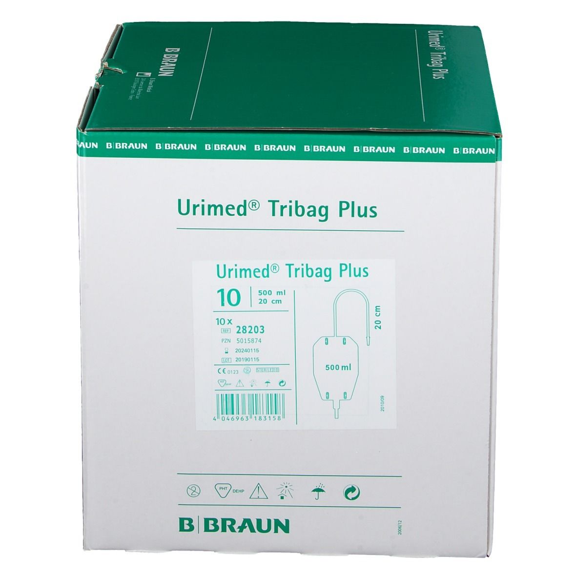 Karton URIMED Tribag Plus. Aufdrucke: Produktname, 10 Stück, 500 ml, 20 cm, B. Braun Logo.