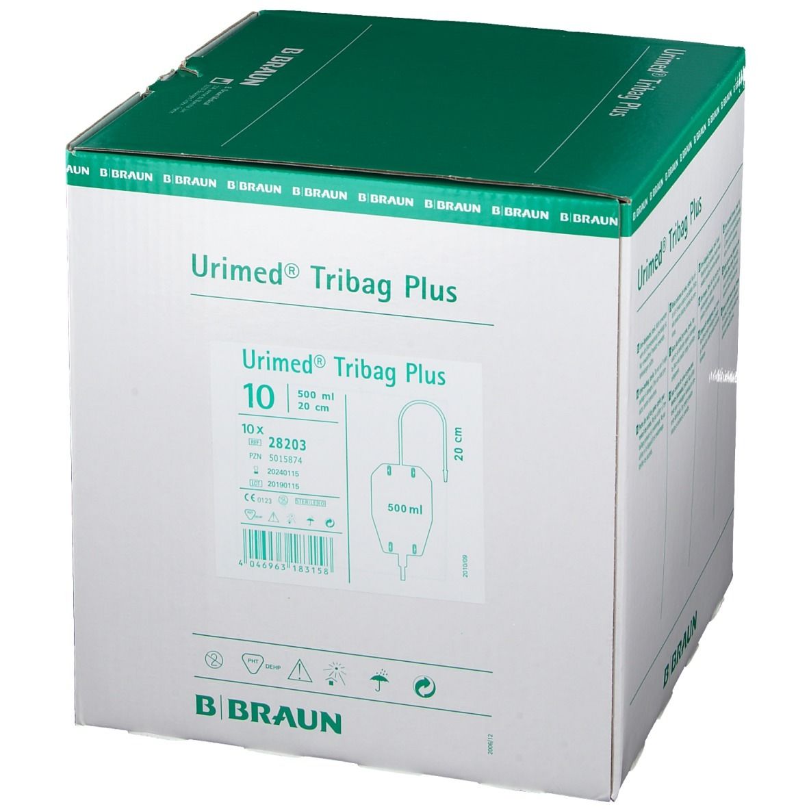 Karton URIMED Tribag Plus. Aufdrucke: Produktname, 10 Stück, 500 ml, 20 cm, B. Braun Logo.