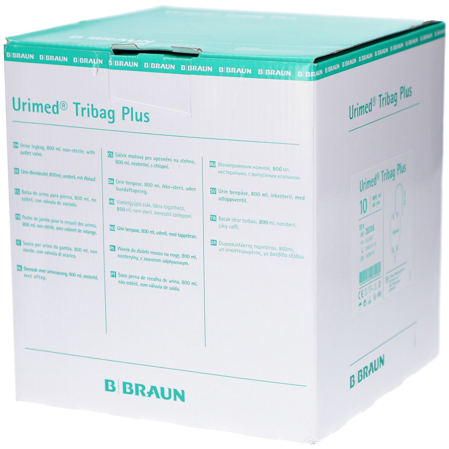 Karton mit Produktbeschriftung. Aufschrift: Urimed Tribag Plus. Marke B. Braun. Grün-weiße Verpackung.
