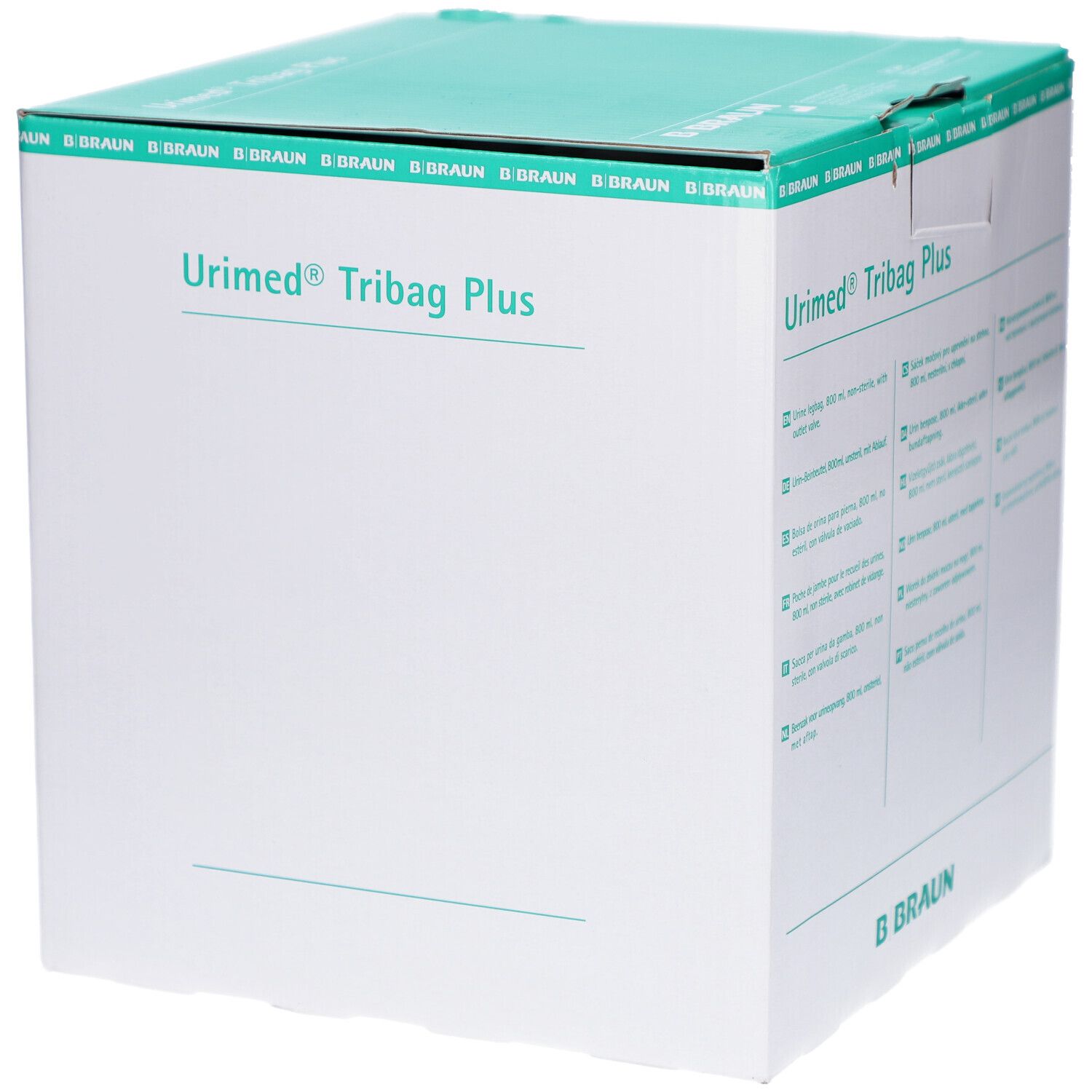 Karton mit Produktbeschriftung. Aufschrift: Urimed Tribag Plus. Marke B. Braun. Grün-weiße Verpackung.