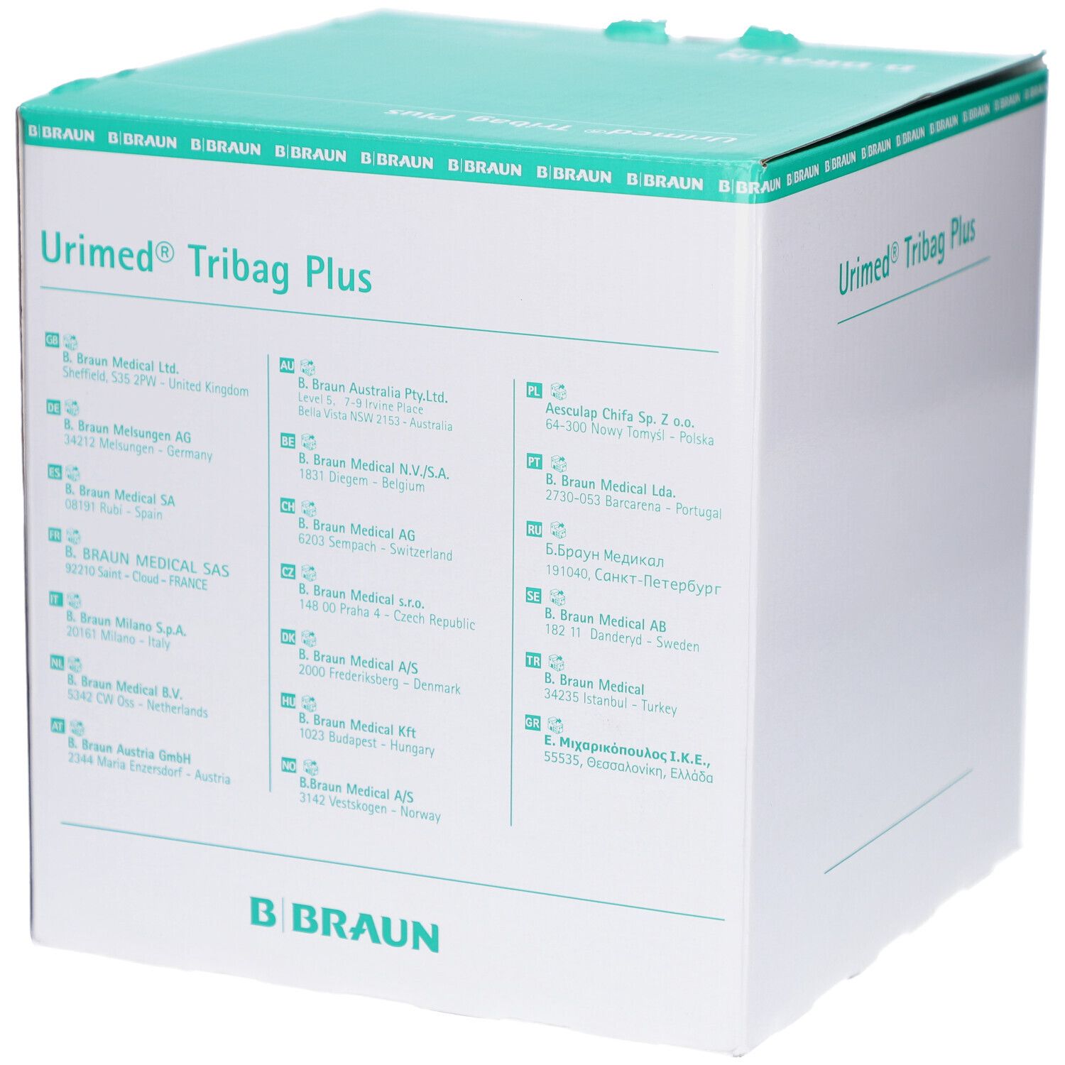 Karton mit Produktbeschriftung. Aufschrift: Urimed Tribag Plus. Marke B. Braun. Grün-weiße Verpackung.