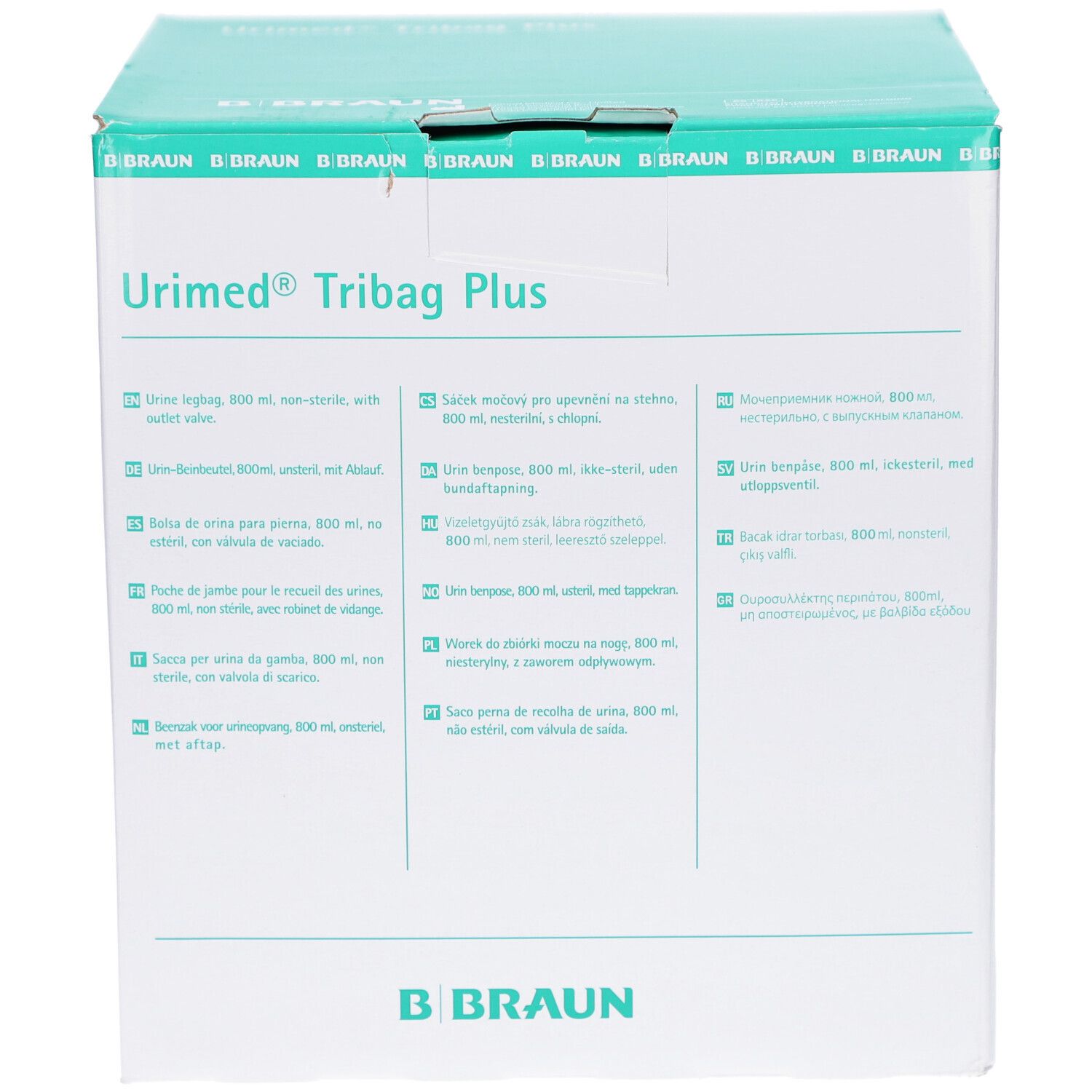 Karton mit Produktbeschriftung. Aufschrift: Urimed Tribag Plus. Marke B. Braun. Grün-weiße Verpackung.