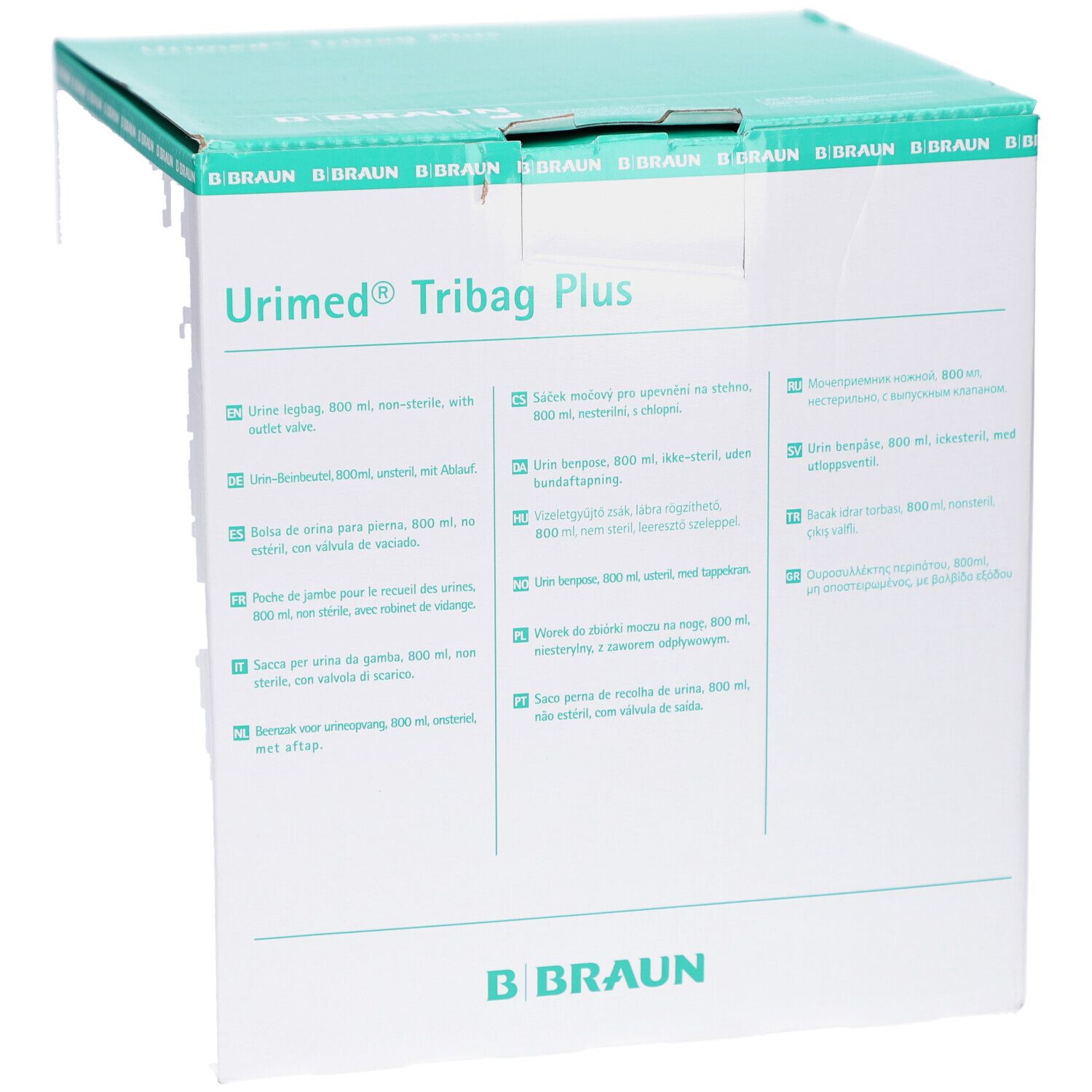 Karton mit Produktbeschriftung. Aufschrift: Urimed Tribag Plus. Marke B. Braun. Grün-weiße Verpackung.