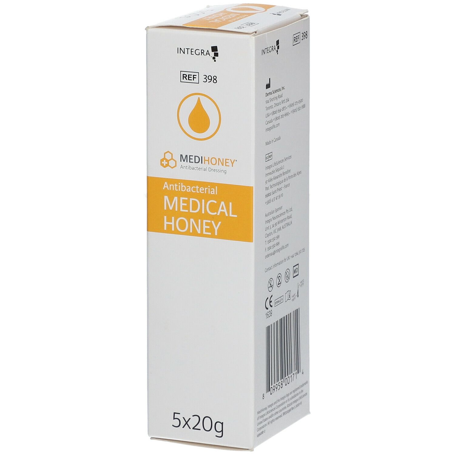 Medihoney® Antibakterieller Medizinischer Honig. Verpackung. Weiß mit gelben Akzenten. Text: Antibacterial Medical Honey. 5x20g.