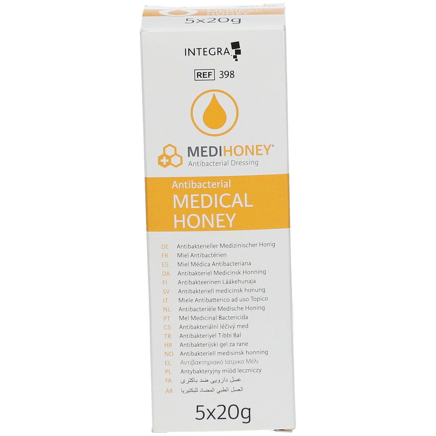 Medihoney® Antibakterieller Medizinischer Honig. Verpackung. Weiß mit gelben Akzenten. Text: Antibacterial Medical Honey. 5x20g.
