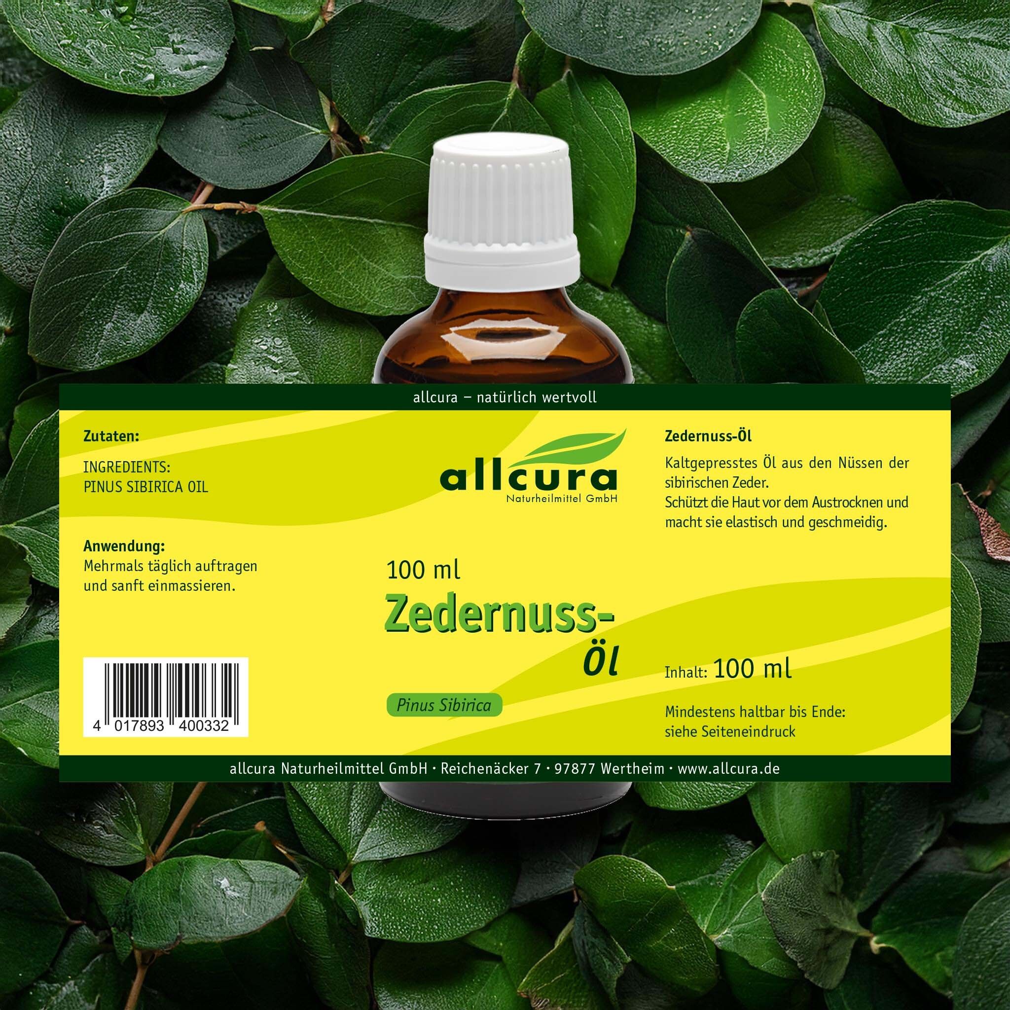 Etikett mit Produktinformationen. Zutaten: Pinus Sibirica Oil. Anwendung: mehrmals täglich auftragen.