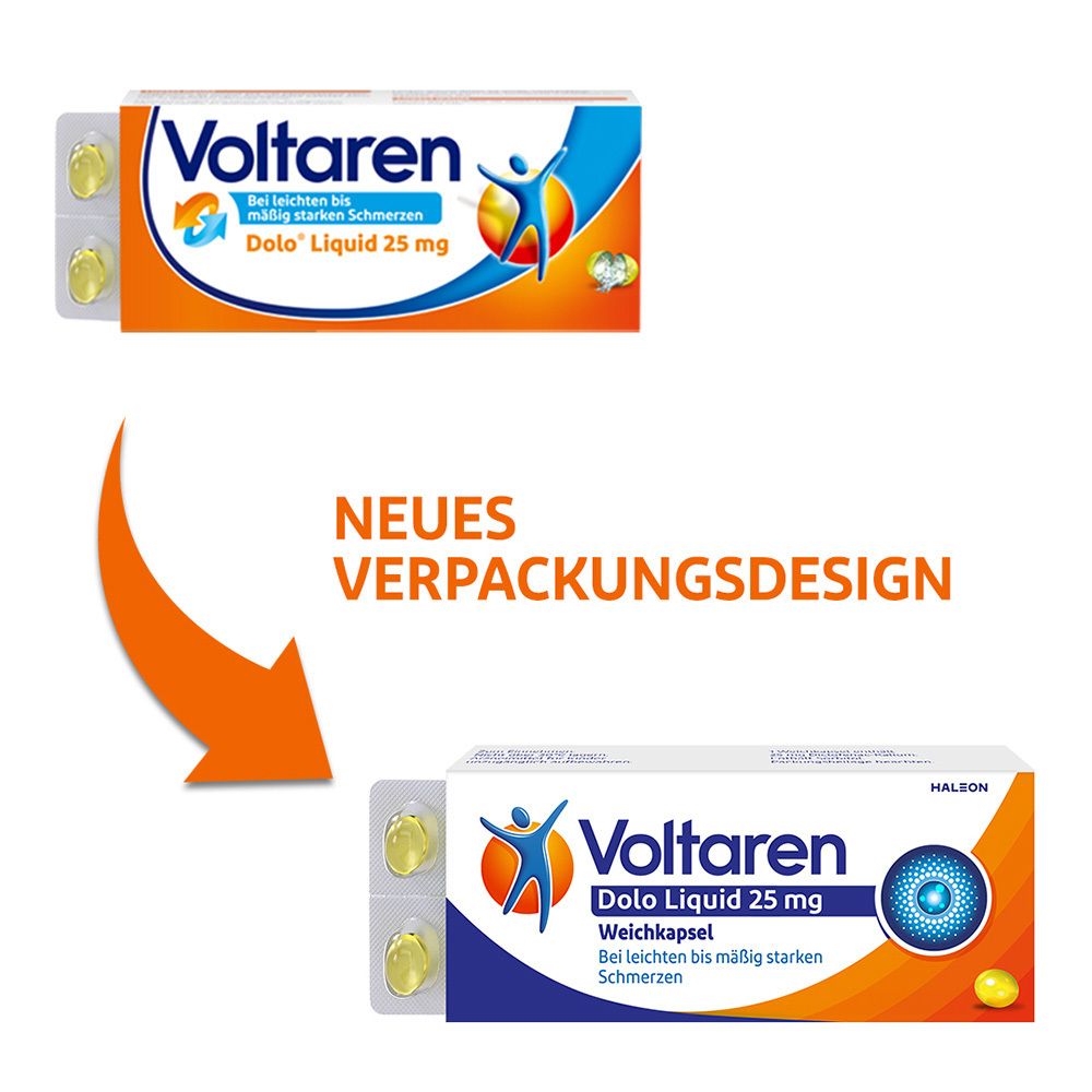 Vergleich von altem und neuem Verpackungsdesign von Voltaren Dolo Liquid 25 mg. Gelbe Kapseln.