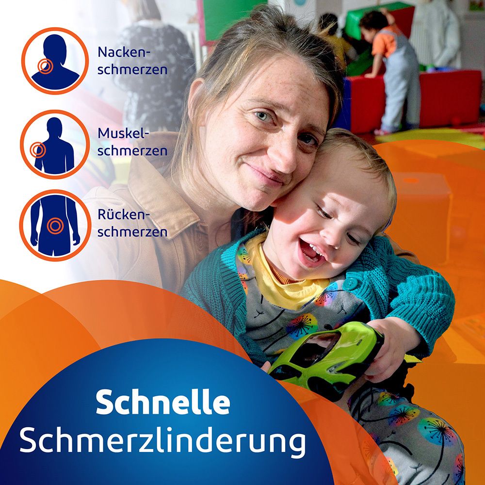 Mutter mit Kind. Illustration von Schmerzbereichen. Blaue und orangefarbene Grafik. Text: Schmerzlinderung.