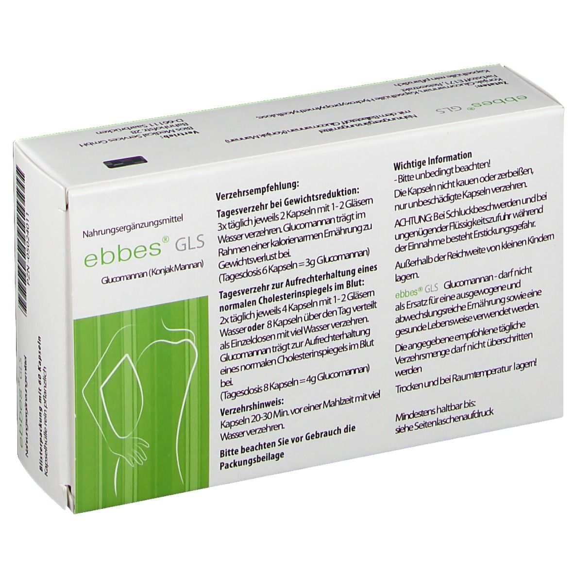 Weiße Schachtel mit "ebbes GLS"-Logo und grüner Illustration. Text: Verzehrempfehlung, Nahrungsergänzungsmittel, 60 Kapseln.