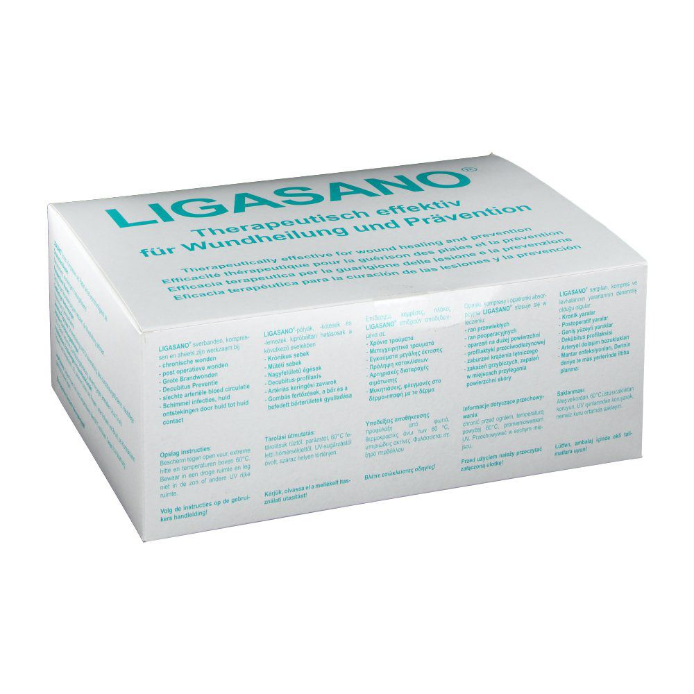Verpackung von LIGASANO®. Weißer Karton mit blauer Schrift. Text: therapeutisch effektiv für Wundheilung und Prävention.