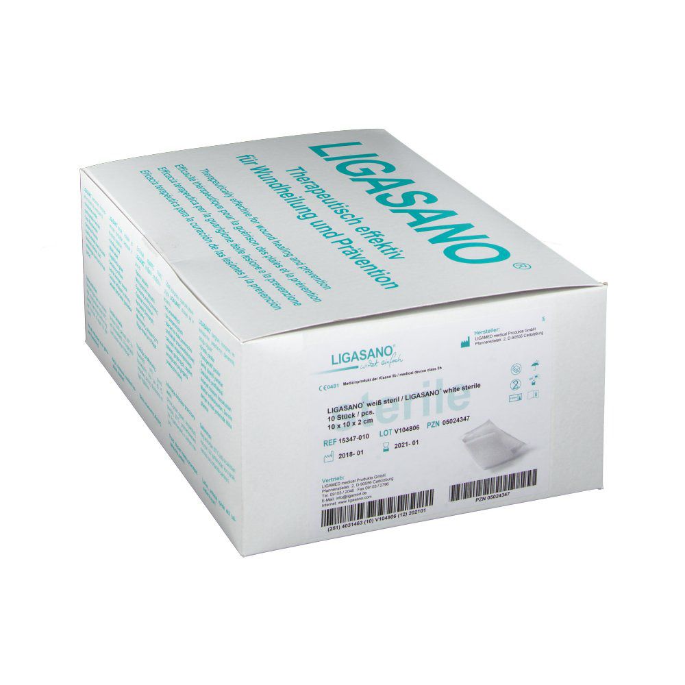 Verpackung von LIGASANO®. Weißer Karton mit blauer Schrift. Produktbezeichnung und sterile Angabe.