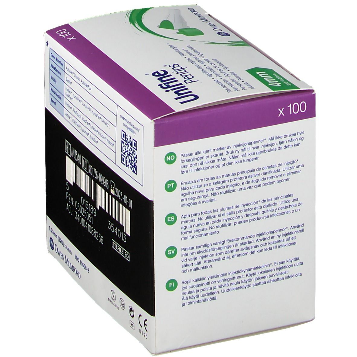 Rückseite der Verpackung von Unifine Pentips. 4mm Nadeln, 100 Stück. Hersteller: Owen Mumford. Barcode und QR-Code.