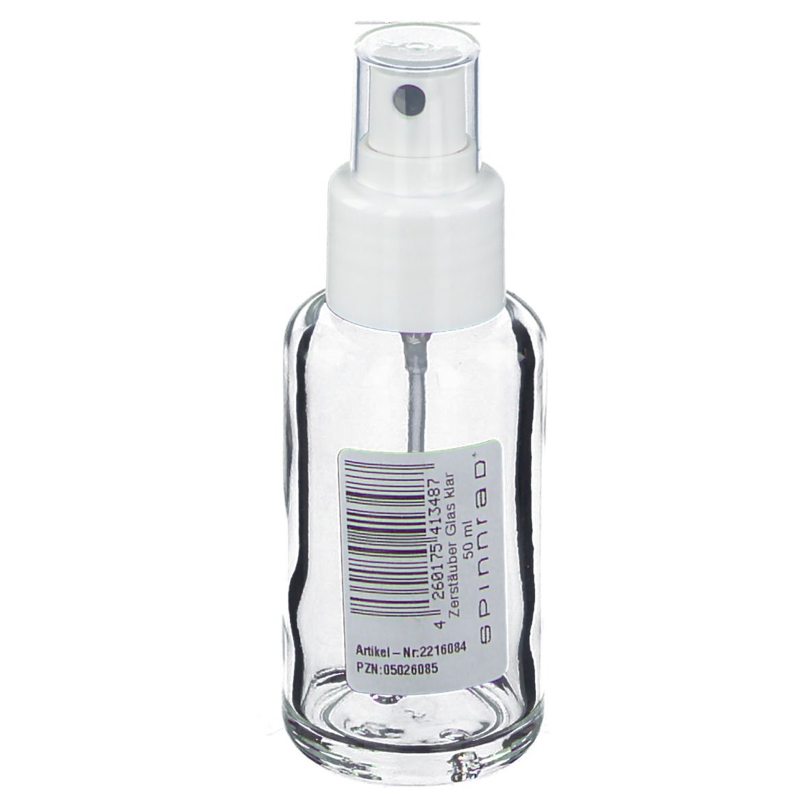 Klarer Glaszerstäuber mit weißem Sprühkopf. Etikett mit Barcode und Produktinformationen.