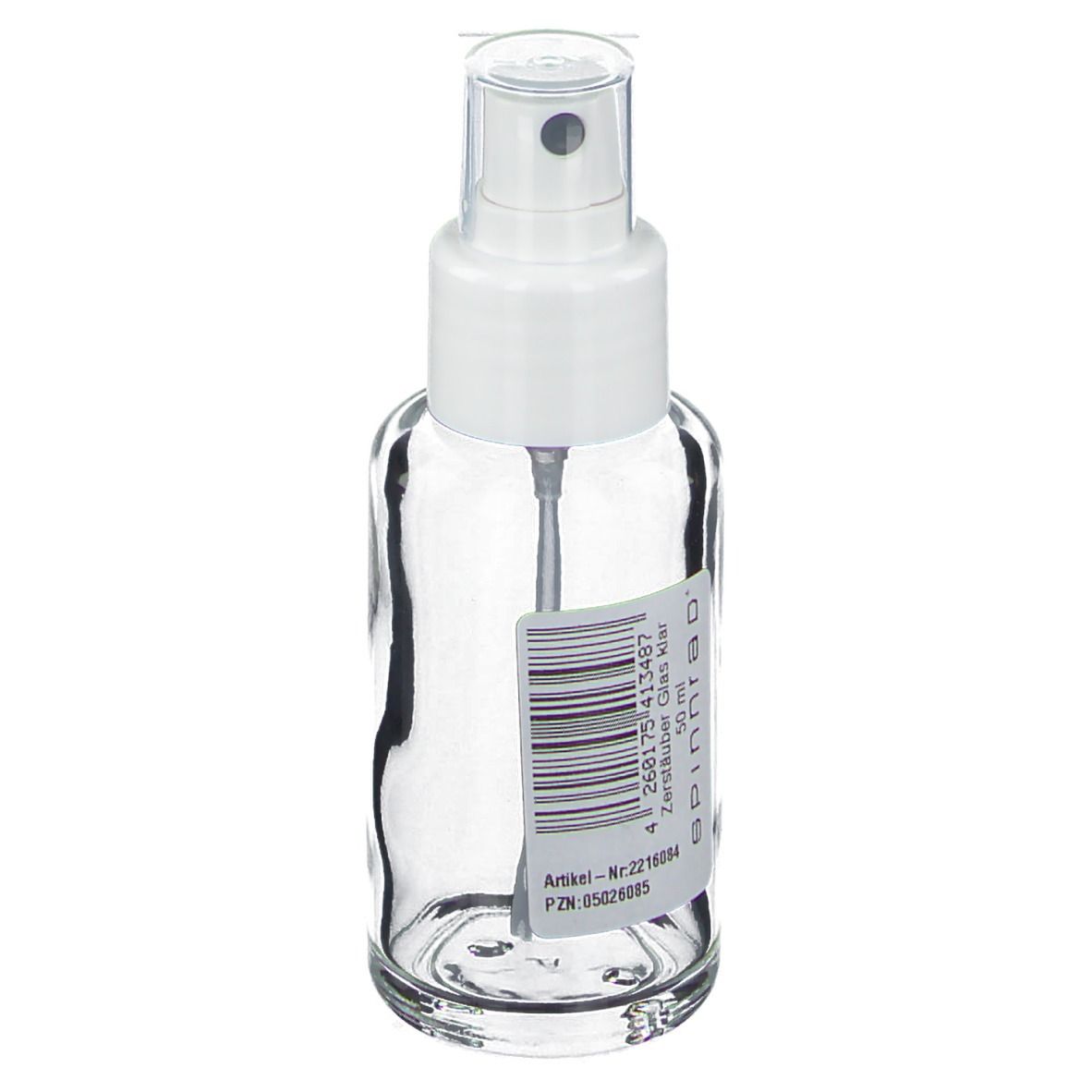 Klarer Glaszerstäuber mit weißem Sprühkopf. Etikett mit Barcode und Produktinformationen.
