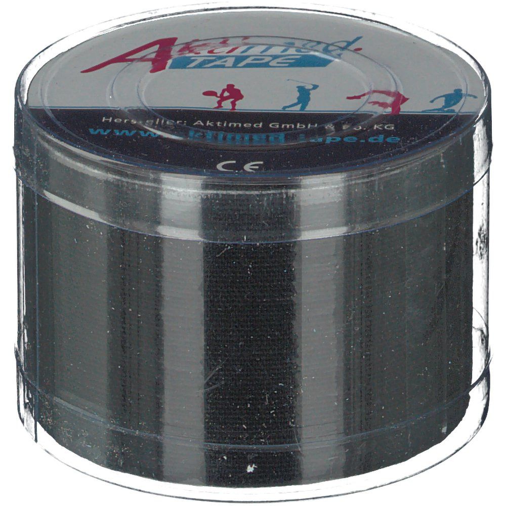 Schwarzes Tape in runder, transparenter Verpackung. Auf dem Deckel steht Aktimed TAPE und CE-Zeichen.