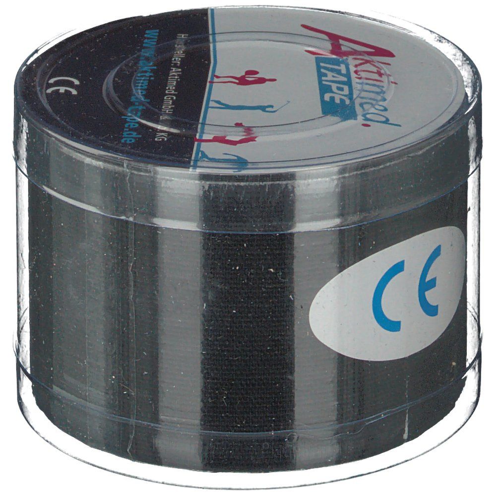 Schwarzes Tape in runder, transparenter Verpackung. Auf dem Deckel steht Aktimed TAPE und CE-Zeichen.