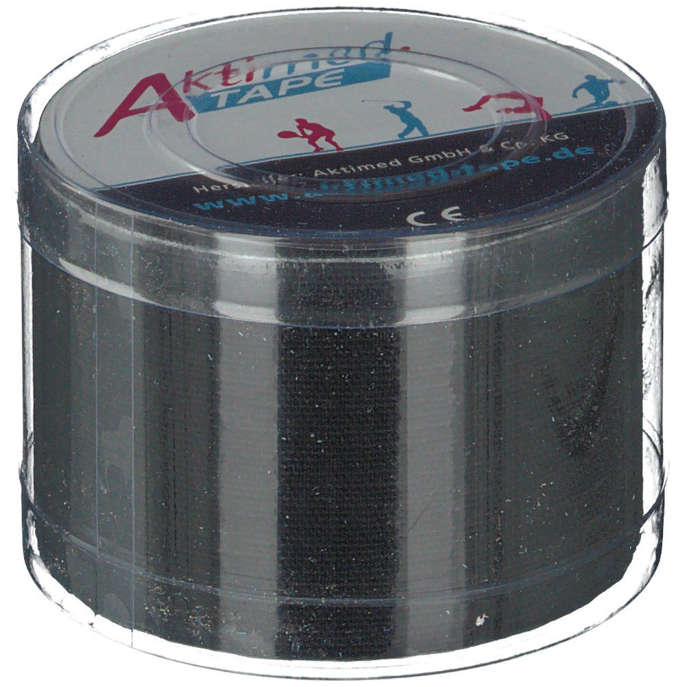 Schwarzes Tape in runder, transparenter Verpackung. Auf dem Deckel steht Aktimed TAPE und CE-Zeichen.