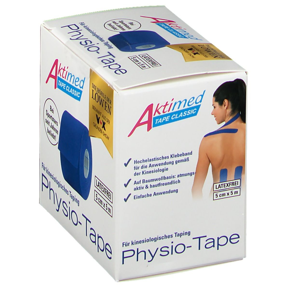 Verpackung von Aktimed TAPE Classic dunkelblau. Rolle blaues Tape, 5cm x 5m. Aufdruck: Latexfrei. Bekannt aus "Die Höhle der Löwen".