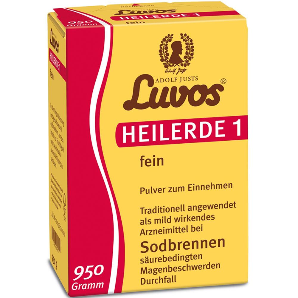 Gelbe Verpackung mit roter Schrift. Produktname: Luvos Heilerde 1 fein. Aufschrift: Pulver zum Einnehmen. 950 Gramm.