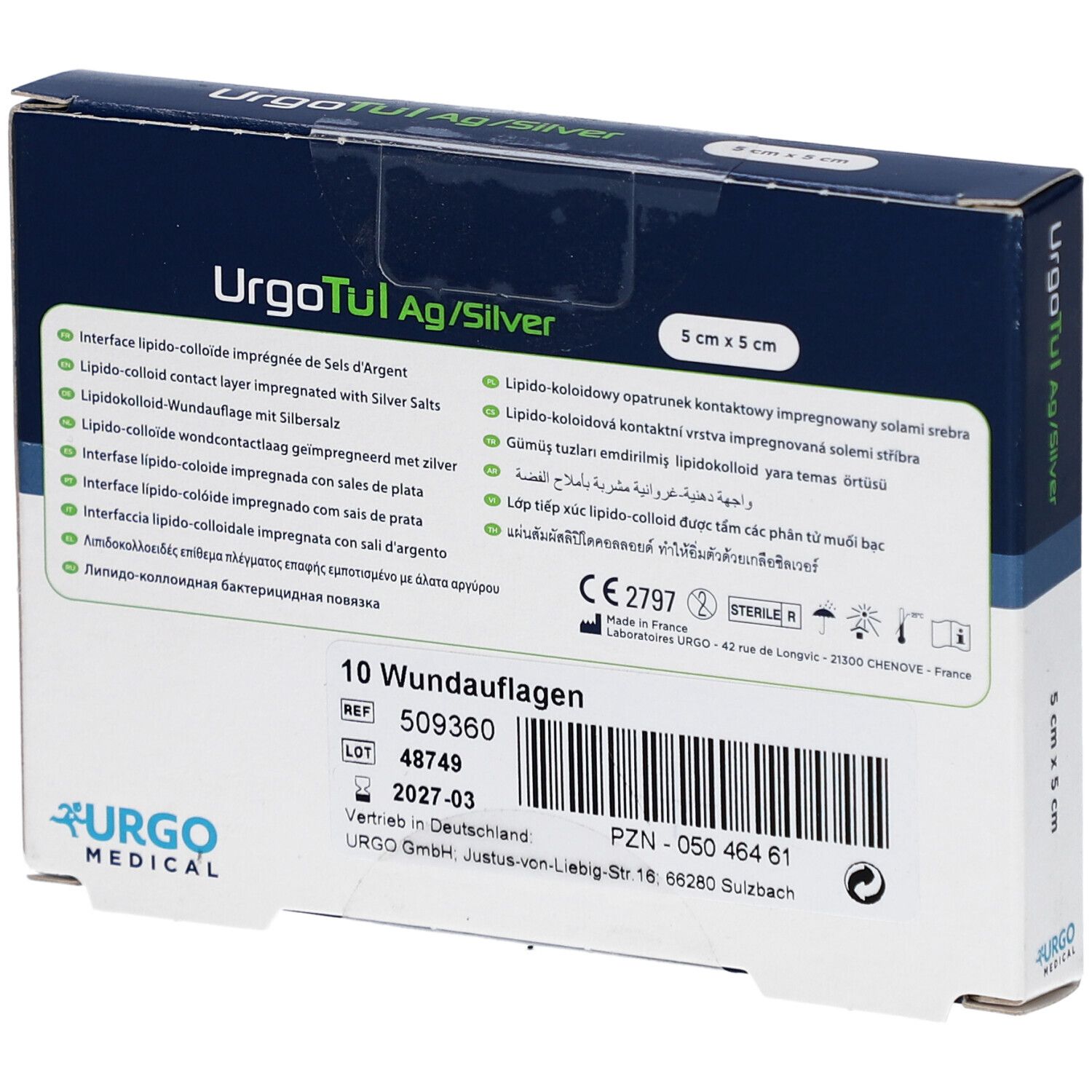 Rückseite der UrgoTül Ag/Silver Verpackung. Enthält Informationen zu Inhaltsstoffen und Chargennummer. 10 Wundauflagen.