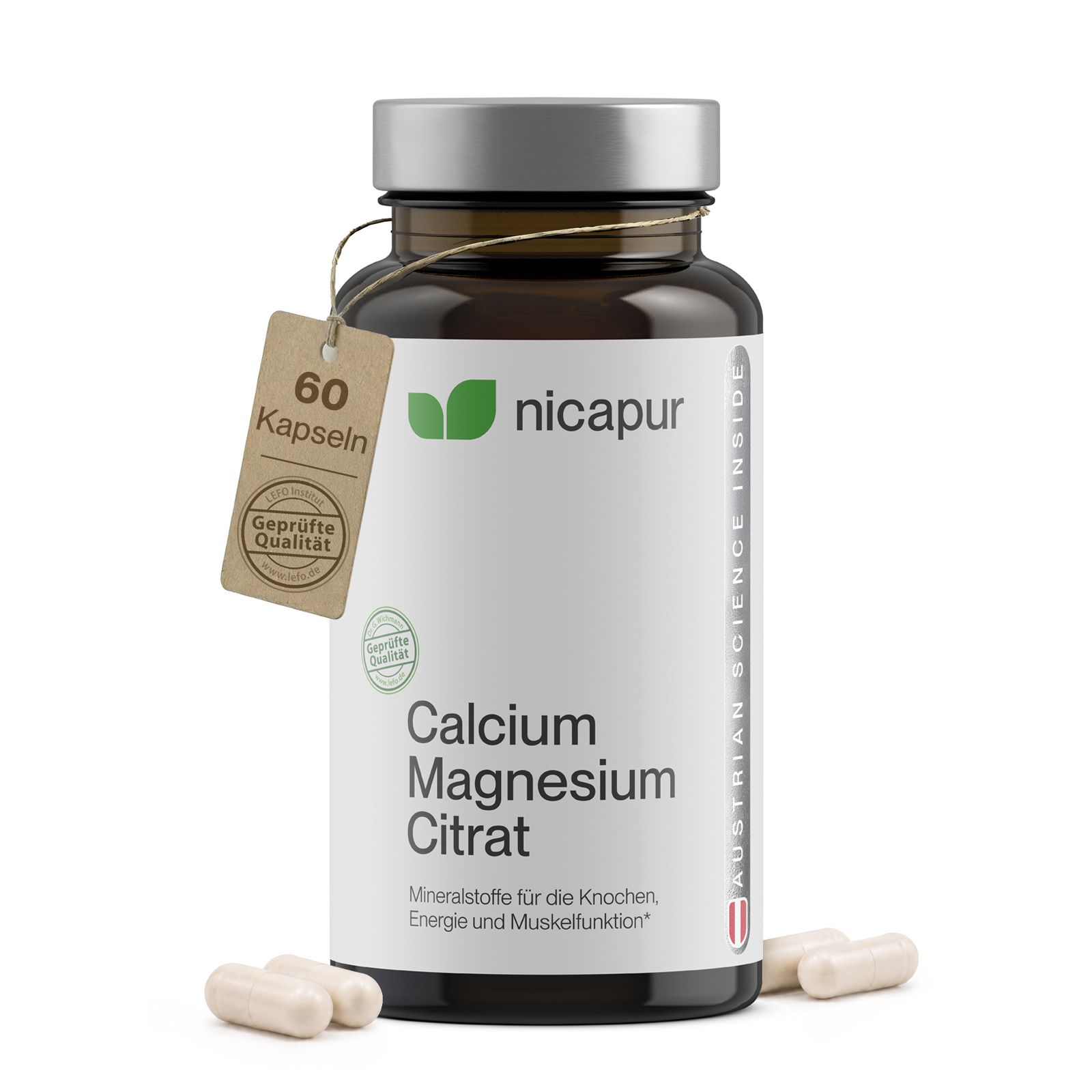 Nicapur Calcium Magnesium Citrat Flasche mit Anhänger '60 Kapseln' und zwei Kapseln daneben.