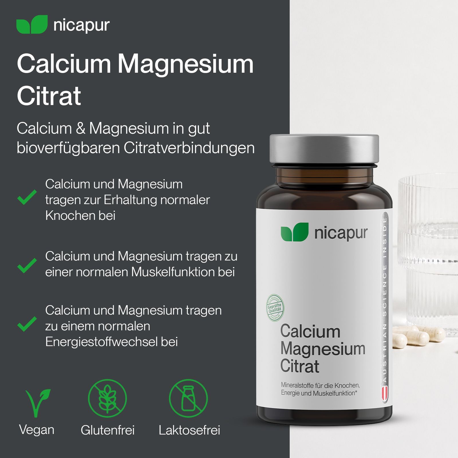 Nicapur Calcium Magnesium Citrat Flasche mit Liste der Vorteile und Siegeln.