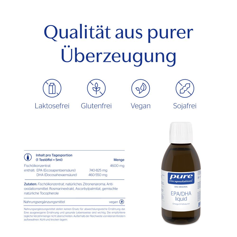 Flasche EPA/DHA liquid neben Text. Text: laktosefrei, glutenfrei, vegan, sojafrei. Inhaltsstoffe.