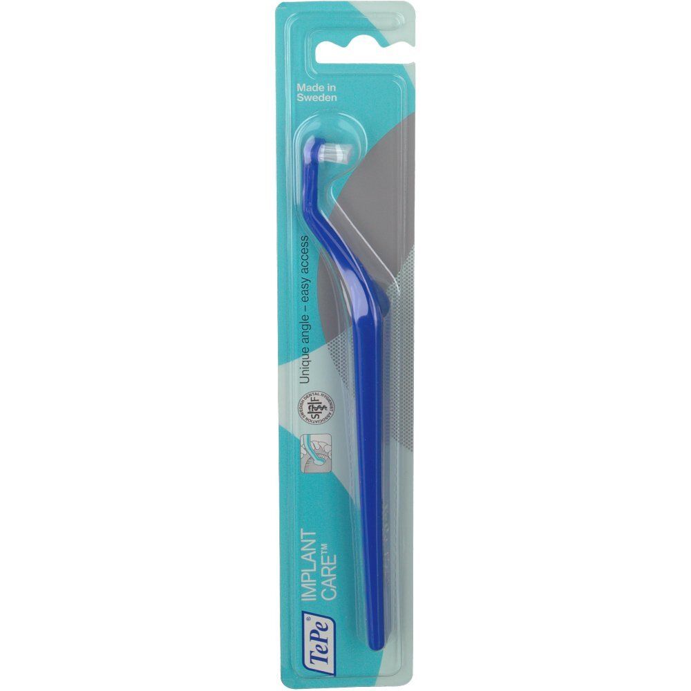 Blaue TePe Implant Care Zahnbürste in Blisterverpackung. Einzigartiger Winkel für leichten Zugang.
