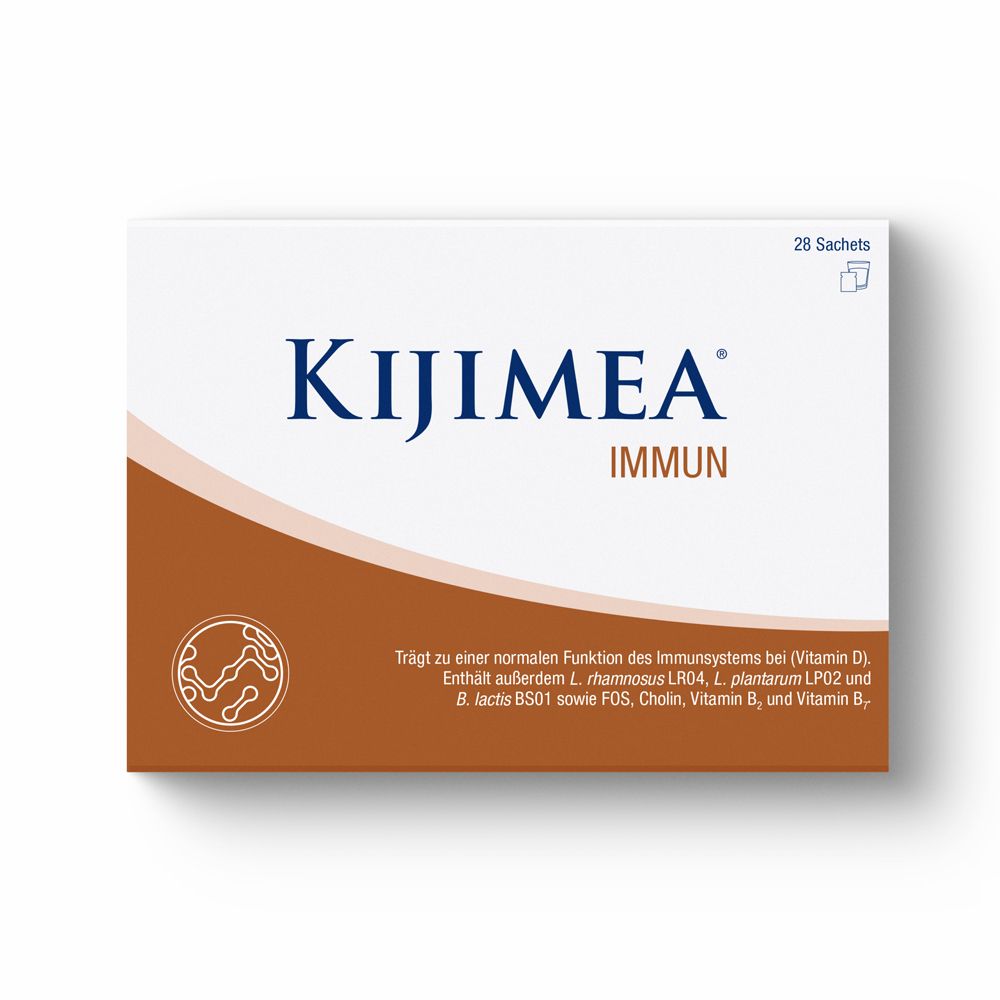 Kijimea Immun-Verpackung. Weiße Schachtel mit braunem Streifen und Produktnamen. Enthält 28 Sachets.