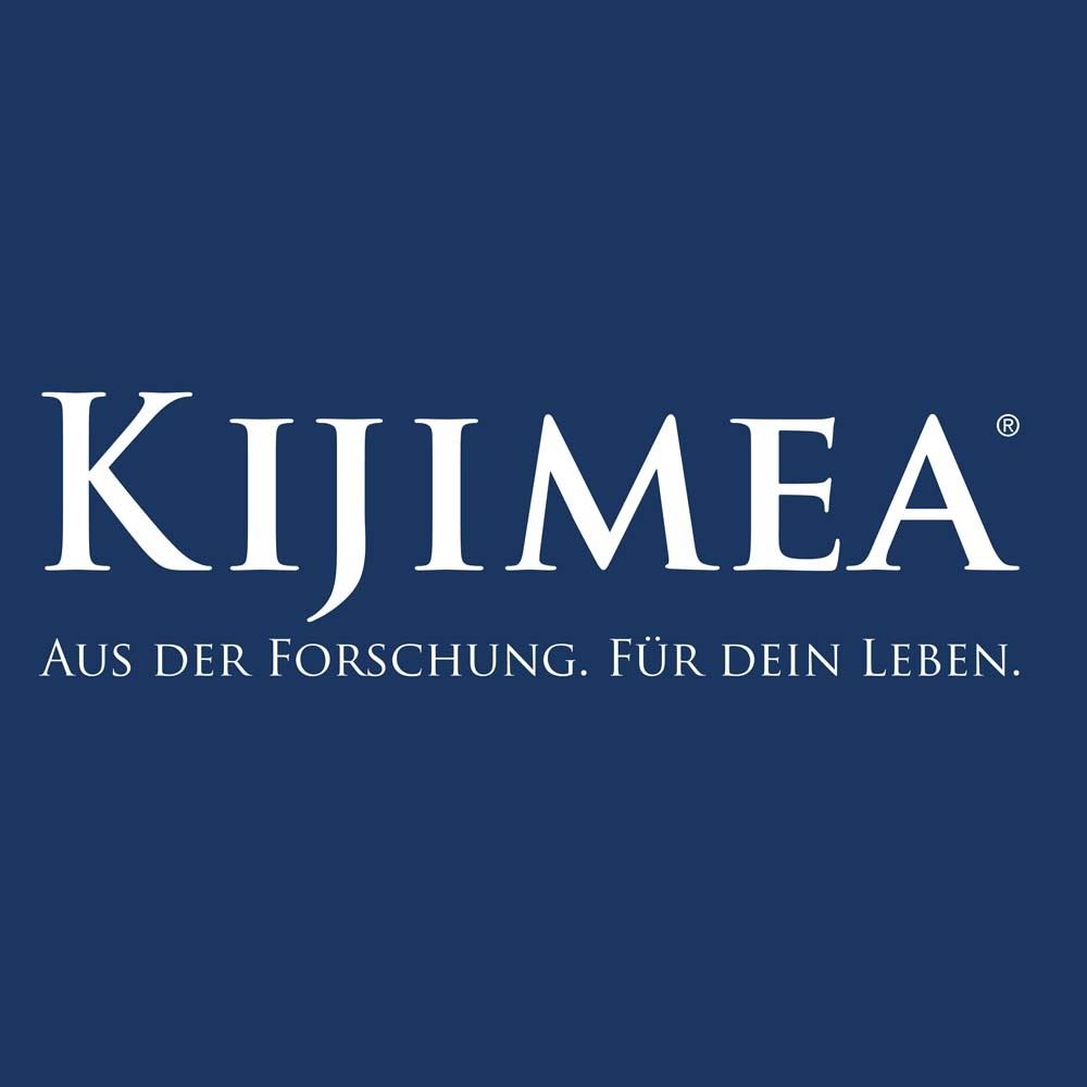 Blauer Hintergrund mit weißem Kijimea-Logo und Text: Aus der Forschung. Für dein Leben.