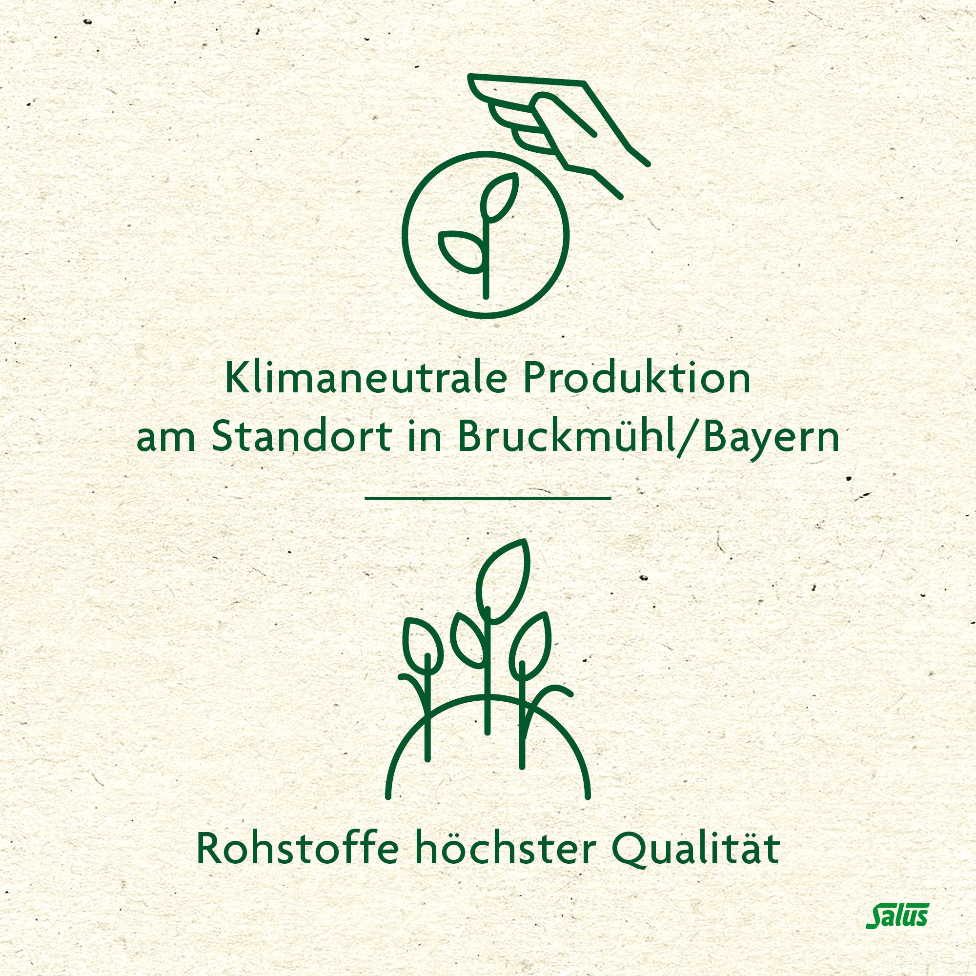 Illustrationen: Hand mit Blättern, Blätter auf Hügel. Text: Klimaneutrale Produktion, Rohstoffe höchster Qualität. Salus-Logo.