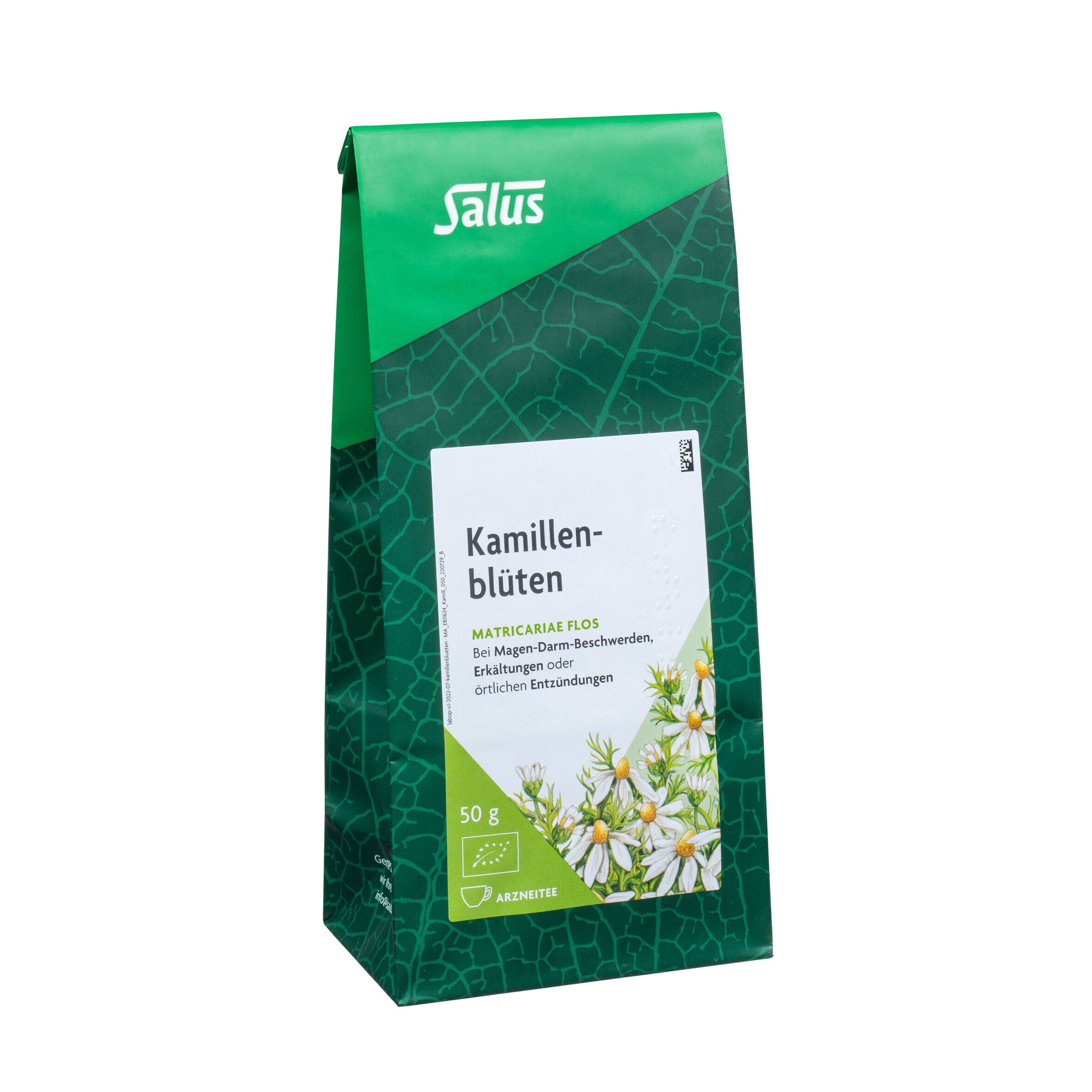 Grüne Verpackung mit Salus-Logo und Kamillenblüten-Abbildung. Text: Kamillenblüten.