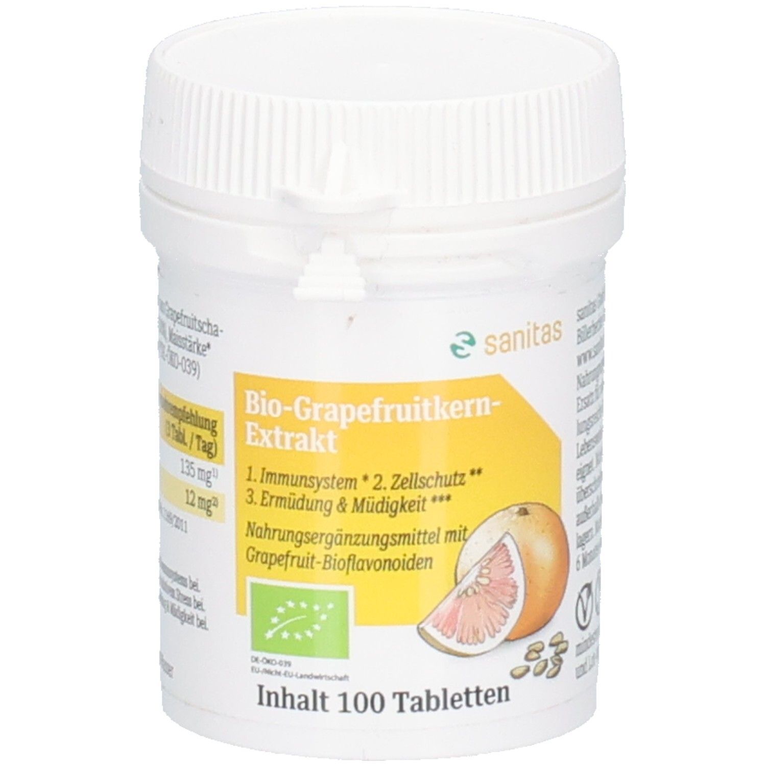 Weißes Tabletten-Behältnis mit Deckel. Aufschrift: Bio-Grapefruitkern-Extrakt, Sanitas. Abbildung einer Grapefruit. Inhalt: 100 Tabletten.