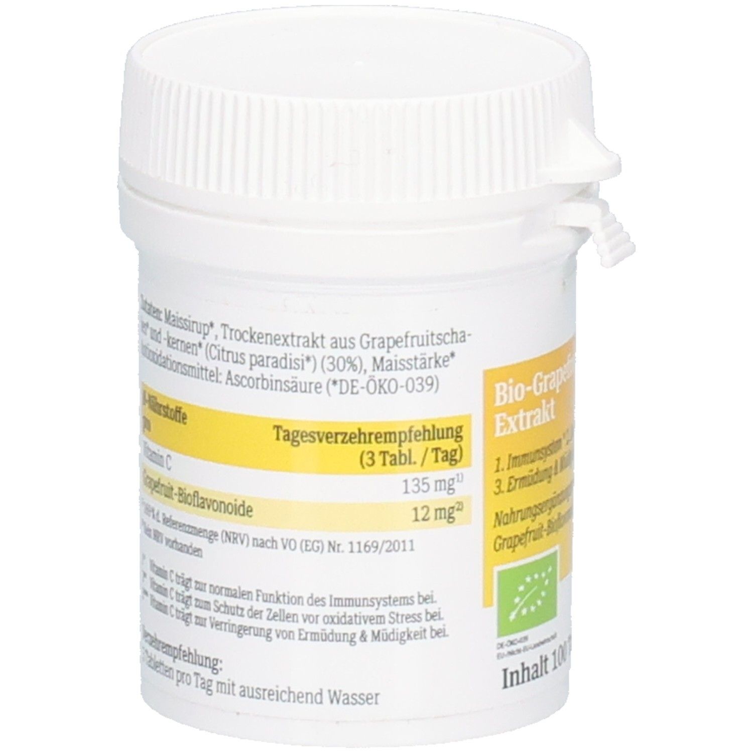 Weißes Tabletten-Behältnis mit Deckel. Aufschrift: Bio-Grapefruitkern-Extrakt. Gelbe Tabelle mit Nährstoffangaben. Inhalt: 100 Tabletten.