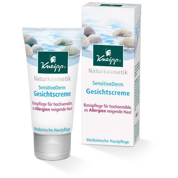 Creme-Tube und Karton. Beide zeigen Kneipp, Naturkosmetik, SensitiveDerm Gesichtscreme. Basispflege für hochsensible, zu Allergien neigende Haut.