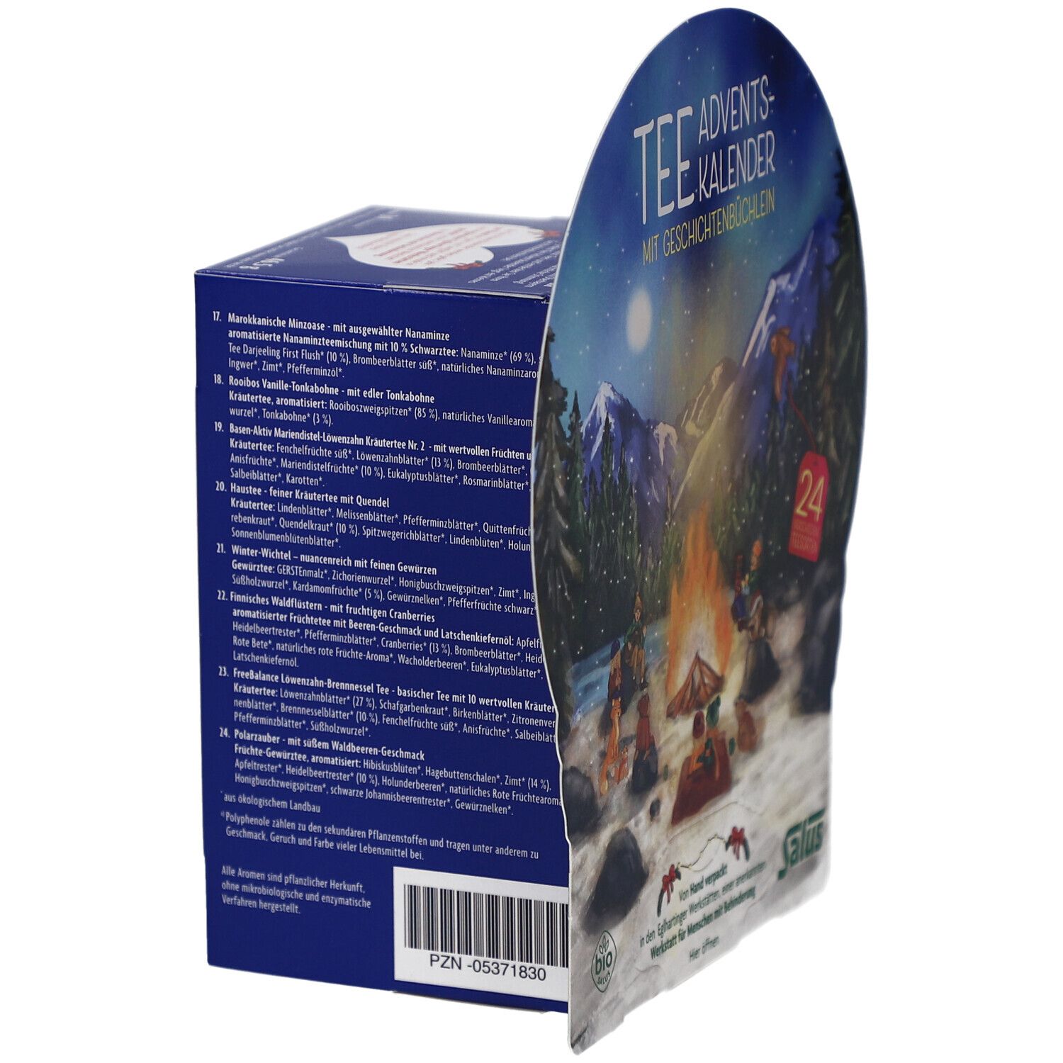 Adventskalender mit Tee. Rückseite der Verpackung mit Text und Marke Salus. Bio-Siegel.