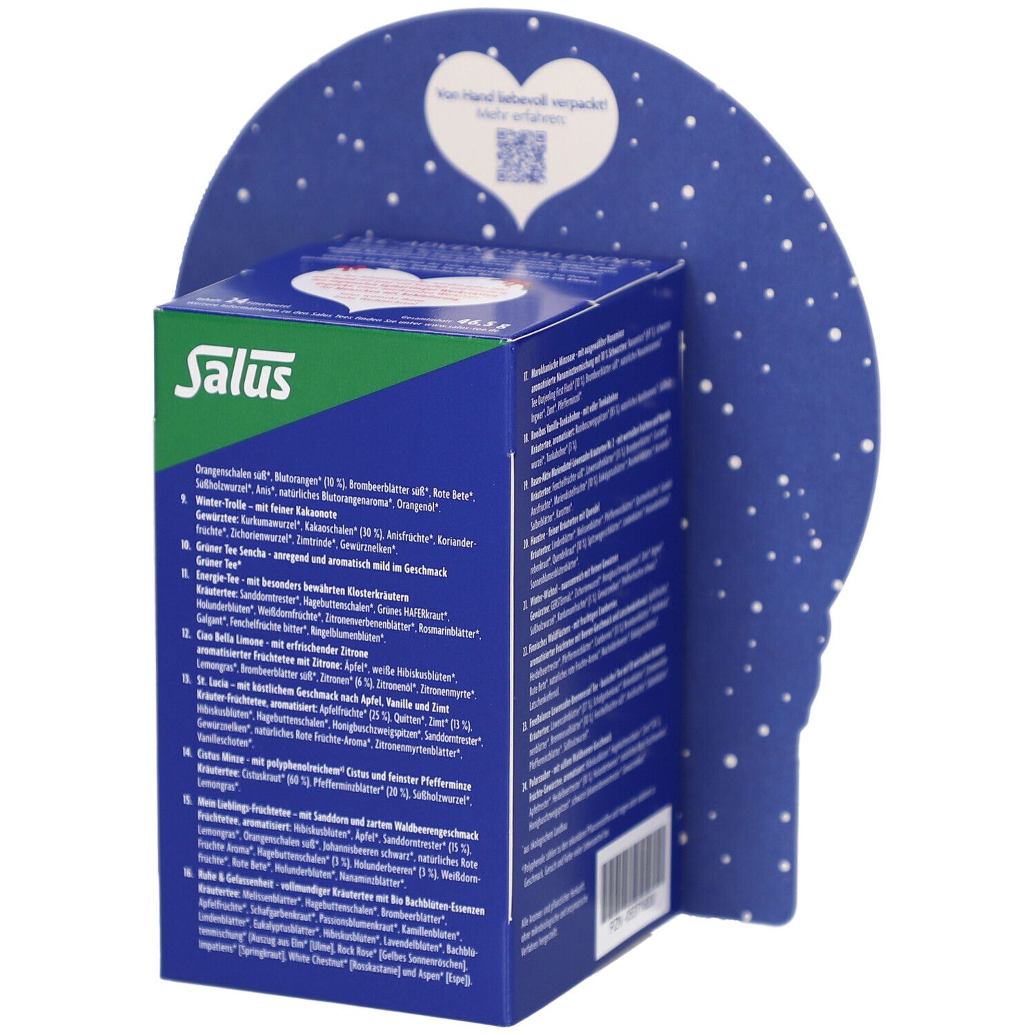 Adventskalender mit Tee. Rückseite der Verpackung mit Text und Marke Salus. Bio-Siegel.