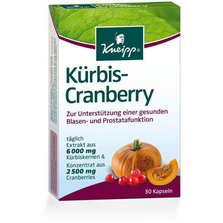 Kneipp®-Verpackung mit Kürbis-Cranberry. Aufschrift: Kürbis-Cranberry, zur Unterstützung der Blasen- und Prostatafunktion. Abbildung von Kürbis und Cranberries.